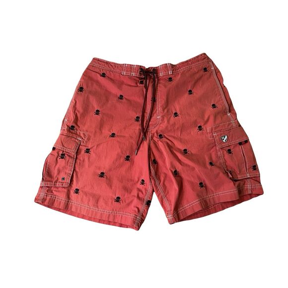 Skull & Crossbones Red 18" Lined Board Shorts Surf Beach Swim Bike Skate Sz L - Picture 1 of 13